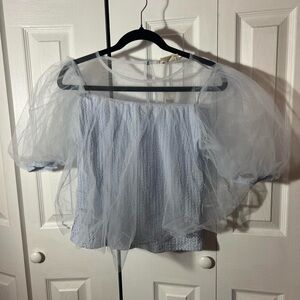 Anthropologie Light Blue Sheer Puff Sleeve Blouse